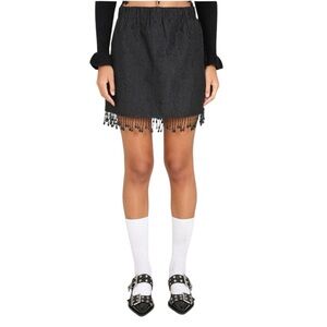 Ganni Black Beaded Fringe Organza Jacquard Mini Skirt NWT Size EU 36